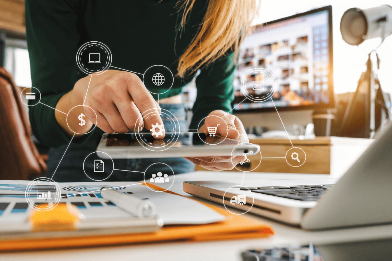 Woman on tablet with data graphic