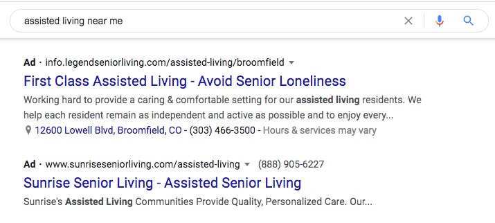 Examples of senior living pay per click